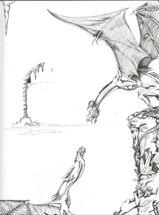 Two dragons fighting done as a practice sketch in 1992 by Christine Rietsch